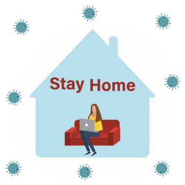 Evde dizüstü bilgisayarla çalışan bir kadın. Ev sloganı, etiket ve düz resimde oturuyoruz. Vektör