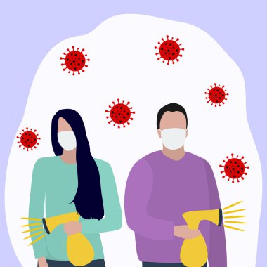 Koruyucu maskeli kadın ve erkek antiseptik sıkar ve virüsü dezenfekte eder moda illüstrasyon, düz tasarım. Dünyada koronavirüs salgını ve salgını