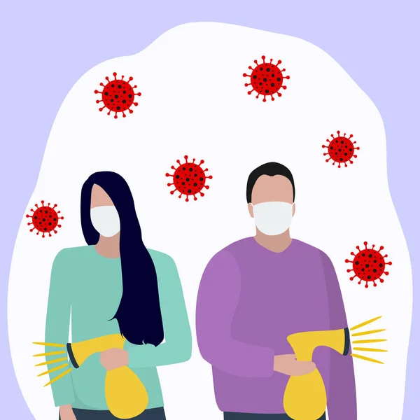 Женщина и мужчина в защитной маске распыляют антисептик и дезинфицируют вирус Модная модная иллюстрация, плоский дизайн. Пандемия и эпидемия коронавируса в мире — стоковый вектор
