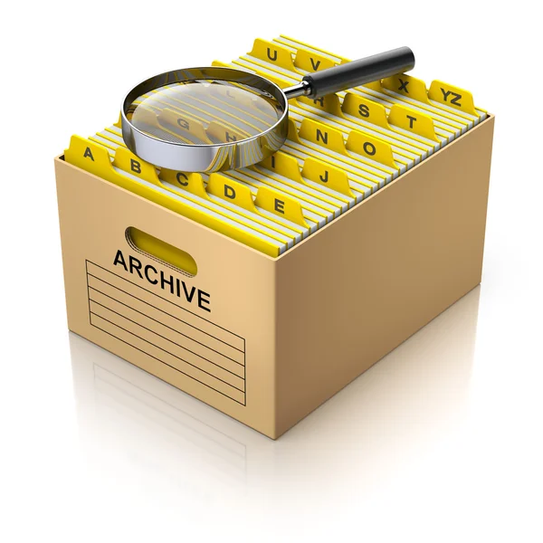 Storage box with magnifying glass — Stock Photo, Image