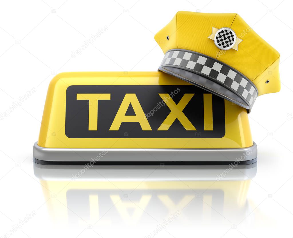 Yellow taxi driver cap on taxi car roof sign