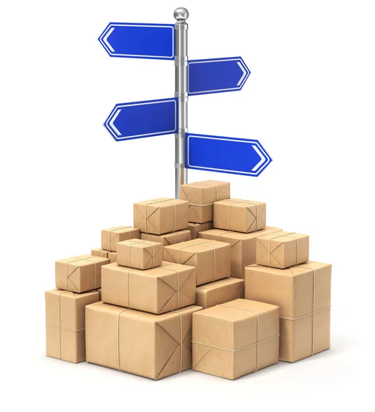 Wegwijzer met vier pijlen en post pakketten — Stockfoto