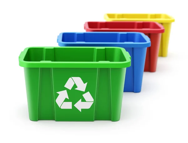 绿色、 蓝色、 红色和黄色的回收箱 — 图库照片