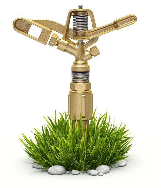 Garden brass water sprinkler on bush grass — Stock Photo, Image