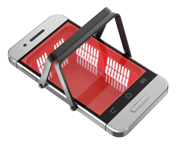 Online shopping concept with shopping basket in the mobile — Stock Photo, Image