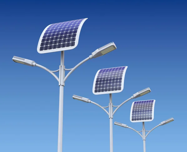 Ряд светодиодных фонарей с солнечной панелью — стоковое фото