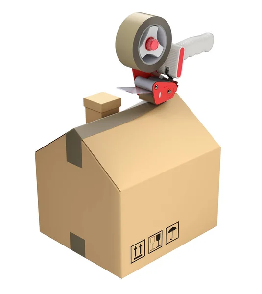 Verpakking tape dispenser en geprefabriceerde huis in de kartonnen doos — Stockfoto