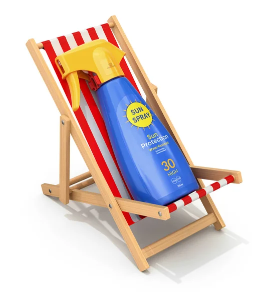 概念与太阳喷雾容器在海滩椅子 — 图库照片