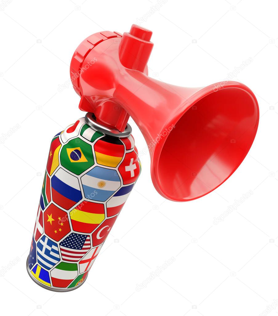 Fan sport air horn can with world flags isolated on white background - 3D illustration