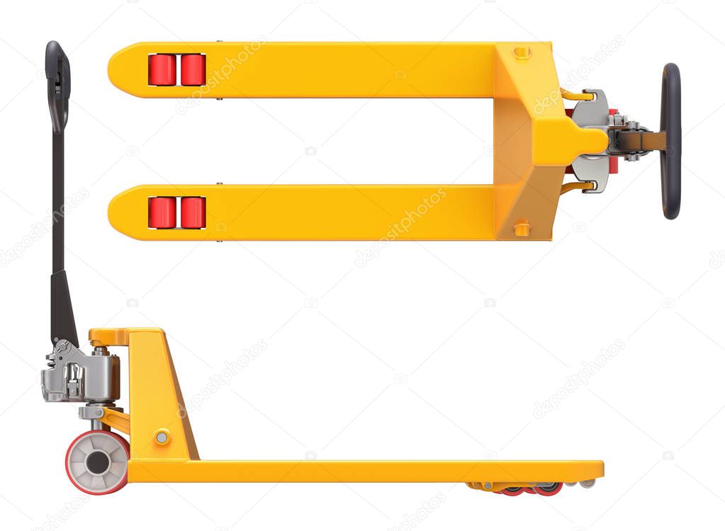Pallet jack, side and top view isolated on white background - 3D illustration