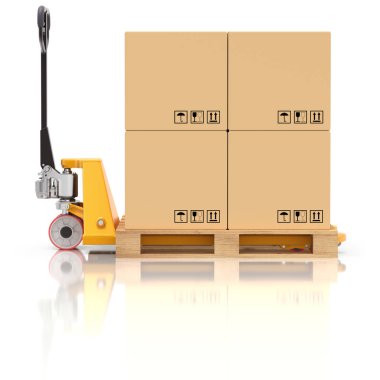 Palet jack ahşap palet ve kutuları - 3d çizim ile