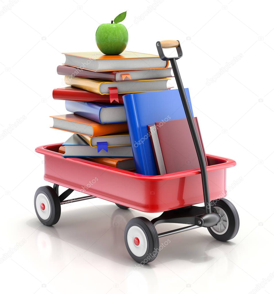 Child wagon with the books - 3D illustration