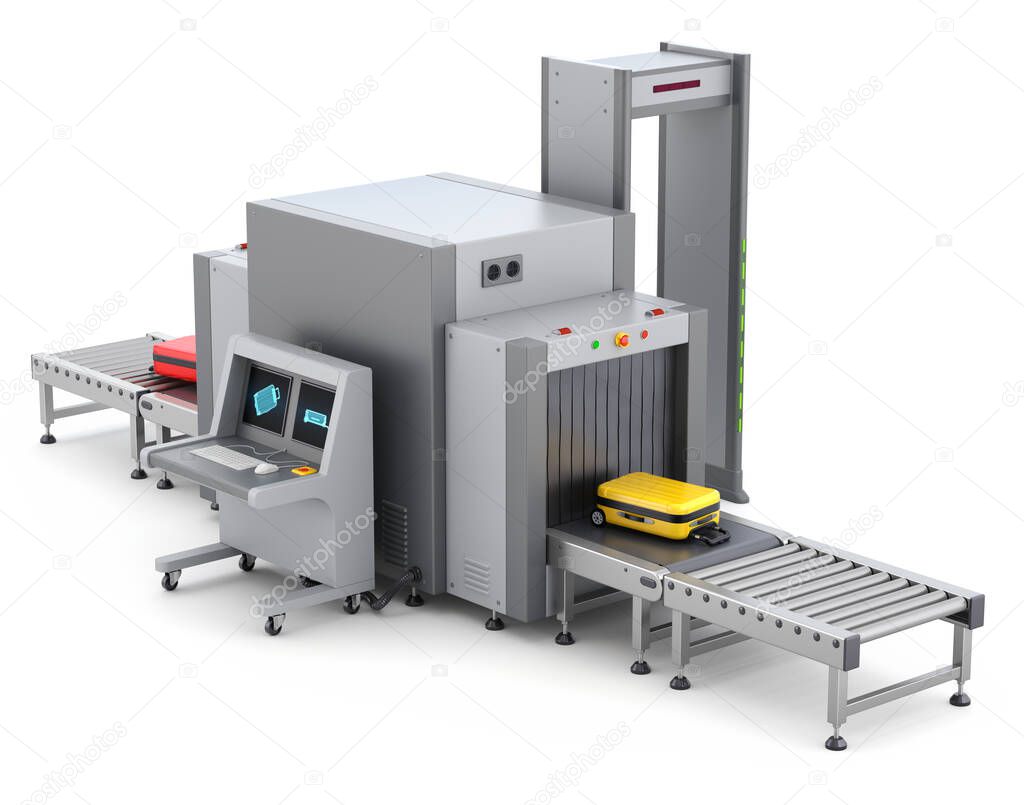 Airport security checkpoint with x-ray baggage scanner and metal detector gate - 3D illustration