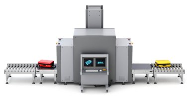 Havaalanı güvenlik kontrol noktasının x-ray bagaj tarayıcısı ve metal detektör kapısı ile yan görüntüsü - 3d illüstrasyon