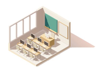 Vector isometric low poly computer classroom clipart