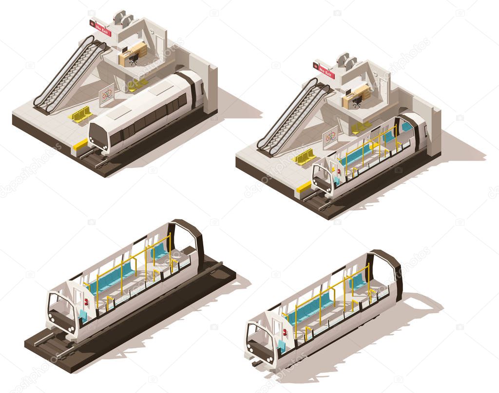 Vector isometric low poly subway station cutaway