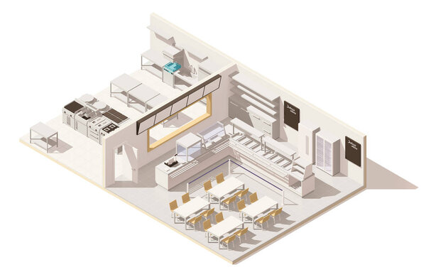 Vector isometric low poly restaurant with kitchen
