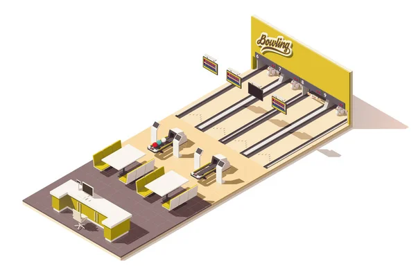 Vetor isométrico baixo poli boliche beco interior — Vetor de Stock