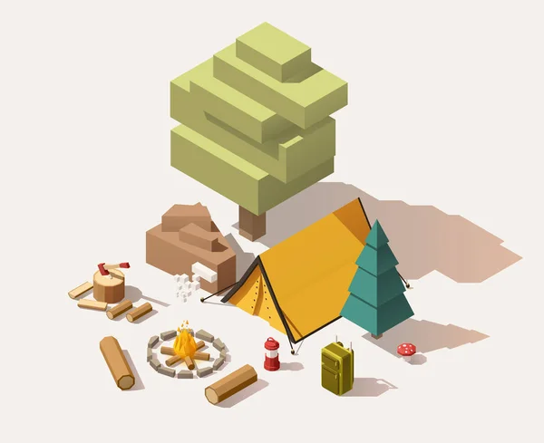 Vektorisometrischer Low-Poly-Campingplatz — Stockvektor