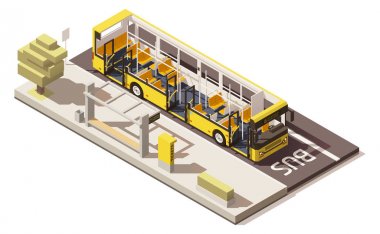 Vector isometric low poly bus near the bus stop clipart