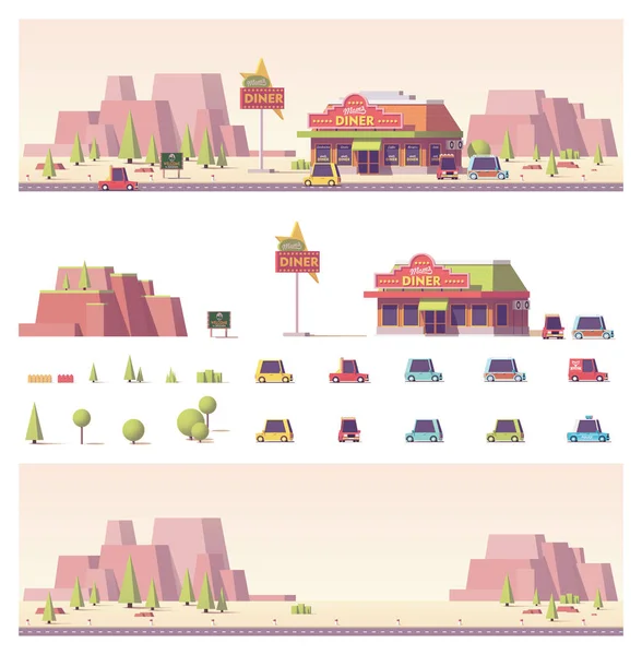 Vector low poly 2d buildings and city scene — Stock Vector