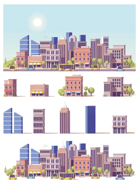 Vektor alacsony poly 2D-s épületeket és a város jelenet — Stock Vector