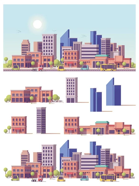 Vector bajo poli 2d edificios y escena de la ciudad — Archivo Imágenes Vectoriales