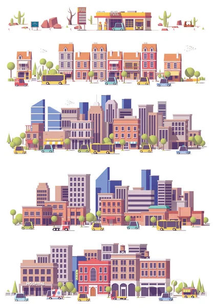 Vector bajo poli 2d escenas de la ciudad — Vector de stock