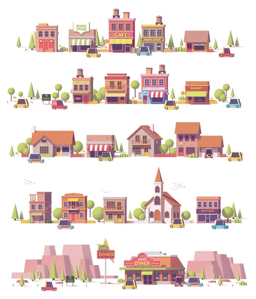 Vector low poly 2d small town scenes — Stock Vector