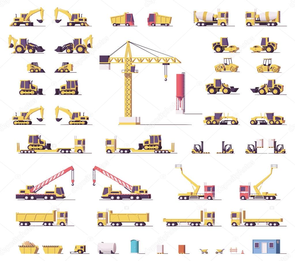 Vector low poly construction machinery