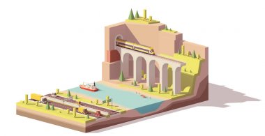 Vector low poly highway near river and railroad clipart