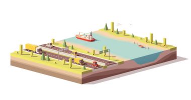 Vektör düşük Poli manzara otoyol ve nehir