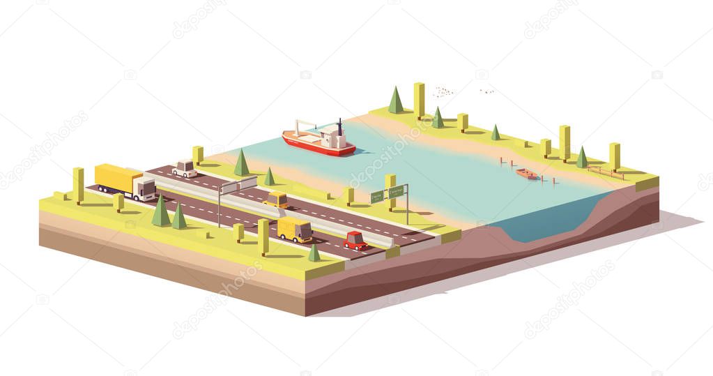Vector low poly landscape with highway and river