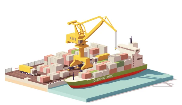 Τερματικό σταθμό εμπορευματοκιβωτίων λιμάνι χαμηλή poly διάνυσμα και το πλοίο — Διανυσματικό Αρχείο