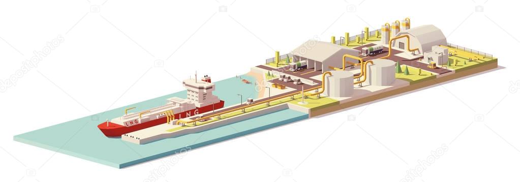 Vector low poly LNG terminal and LNG carrier ship