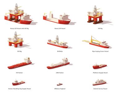 Vector low poly offshore oil exploration vessels clipart