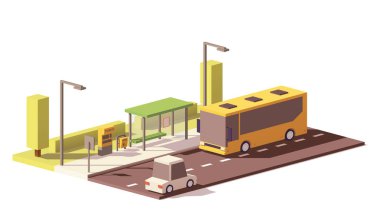 Vector low poly bus and the bus stop clipart