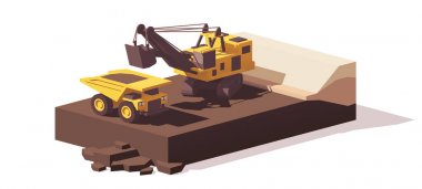 Vector low poly power shovel and haul truck clipart