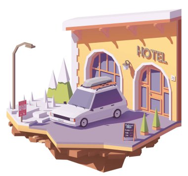 Vektör düşük Poli araba ve otel