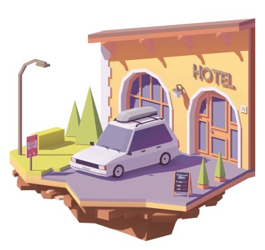 Vektör düşük Poli araba ve otel