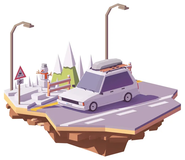 Vector low poly winter car trip — Stock Illustration Vector low poly winter car trip Royalty Free Stock Illustrations