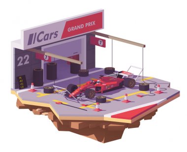 Vektör düşük Poli yarış araba ve pit stop
