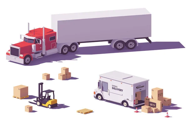 Vektorové nízké poly nákladních automobilů a vysokozdvižných vozíků — Stockový vektor