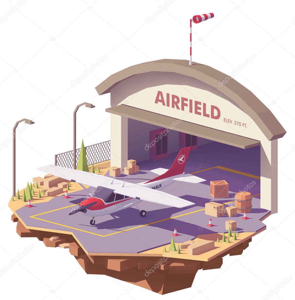 Vector low poly airfield with hangar and airplane