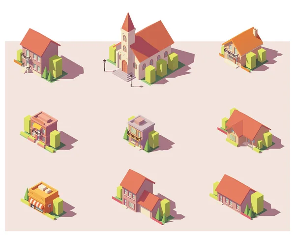 Ensemble de bâtiments vectoriels poly isométriques bas — Image vectorielle