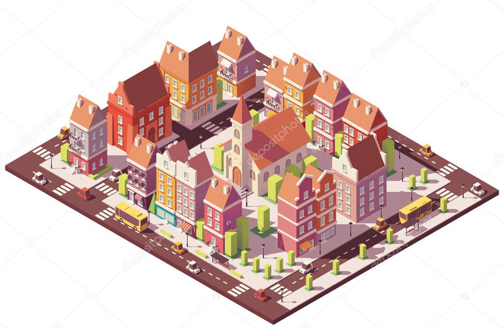 Vector low poly isometric old city center