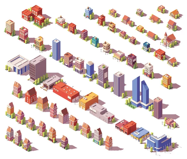 Ensemble de bâtiments vectoriels poly isométriques bas — Image vectorielle