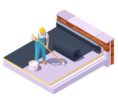 Vector isometric worker at flat roof insulation clipart