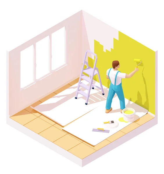 Vector isometric painter painting room wall — Stock Vector