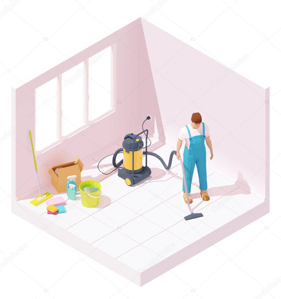 Vector isometric house cleaning after renovation